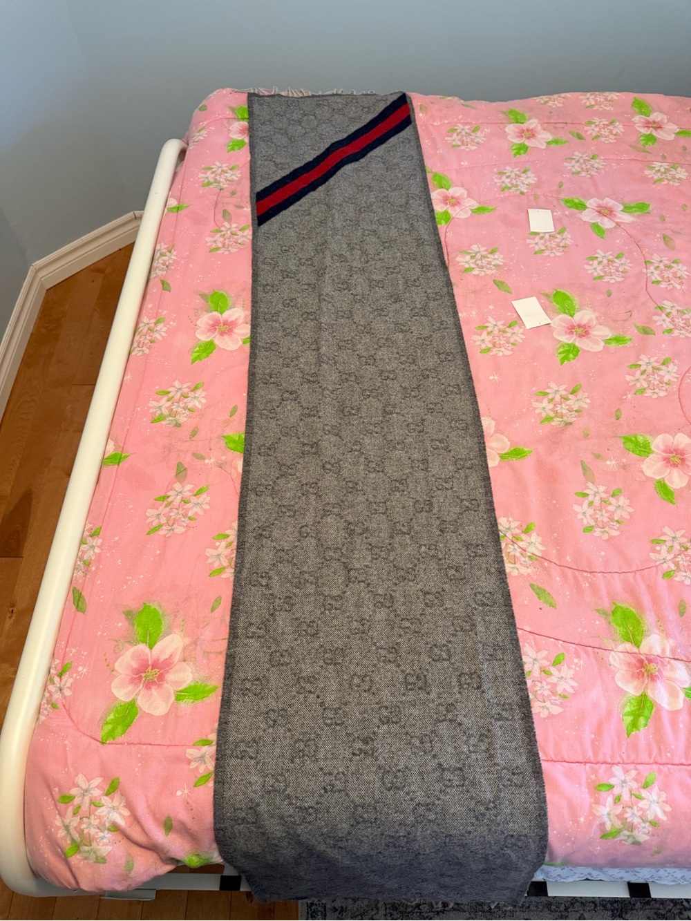 Gucci Gray Monogram Scarf with Red and Navy Stripe